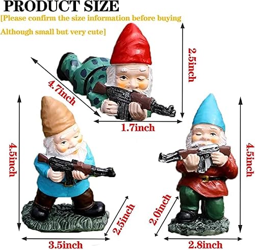 GAZETSZ Garden Gnomes, 4.5inch Gnome Statues, Military Gnome with Gun, Funny Army Gnomes Decorations for Yard, Indoor Outdoor Halloween Christmas Thanksgiving Gifts (Red+Yellow+Blue)