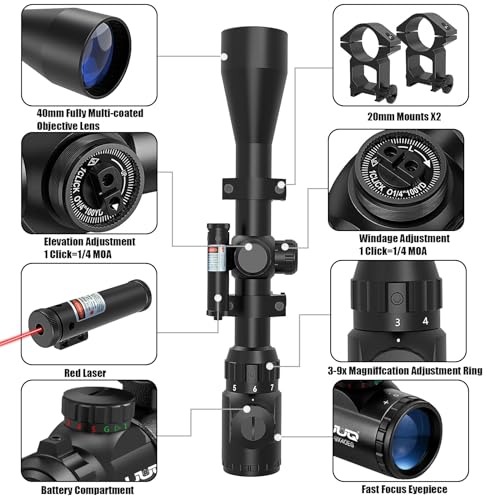 UUQ 3-9×40 Rifle Scope with Gun Laser, Red/Green Illumination, and Rangefinder Reticle - for Hunting, Airsoft, and Pellet Guns,Waterproof and Fog-Proof,Fits 20mm Free Mounts,Includes Batteries