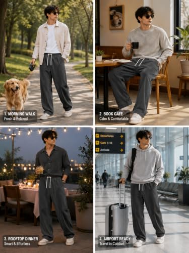 Image of Preneum Men Mid Rise Poly Cotton Loose Fit Trouser|Korean Style Travel & Lounge Wear with Pockets (Available in Plus Size)