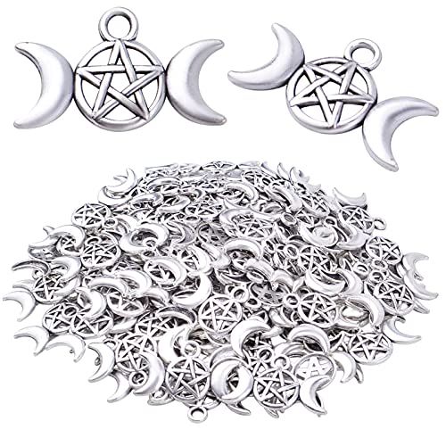 Review de Colgante pentagrama los mejores 10. 32 100 colgantes de plata envejecida con forma de luna de pentagrama tibetana, aleación triple, diosa luna, pentáculo, media luna, colgantes colgantes colgantes para bricolaje,...