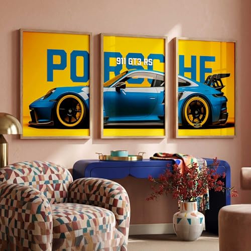 Image of walllane Big Porsche Cars Framed Posters Gift Items for Boys Room Wall Decoration Bedroom Living Room Office Studio Decor | Car Poster Frame for Wall Decor Set Of 3 Size (13x17 inch), Framed