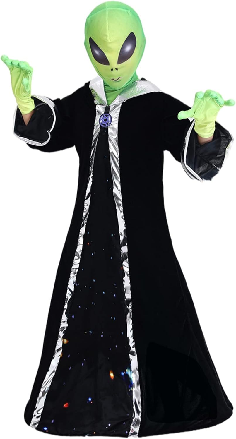 Alien Costume for Kids Boys Halloween Alien Cosplay Costume Hooded Robe with Gloves, Headgear & Outfit