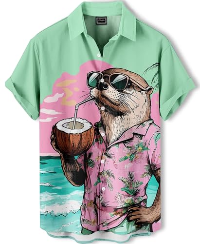 DADDYLOCO Hawaiian Beach Otter Button Down Shirt, Short Sleeve Tropical Print, Regular Fit, Mint Green