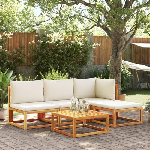 IKAYAA Conjunto Jardín Madera, Sofa Jardin Exterior, Muebles Jardín Exterior, Juego de Sofás Madera, Muebles Terraza, Sofa para Jardín,Terraza, Negro y Crema 5 pzas-Type-3