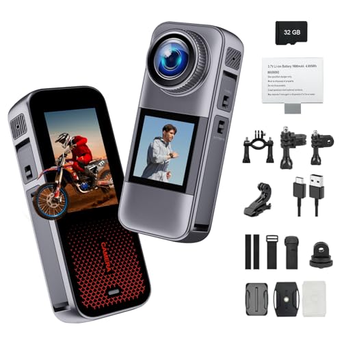 fceoul Action Cam - Fotocamera Subacquea con Doppio Schermo, telecamera moto, Kit Avventura (Include Scheda SD 32GB) - Ideale per Sport Estremi e Riprese in Movimento