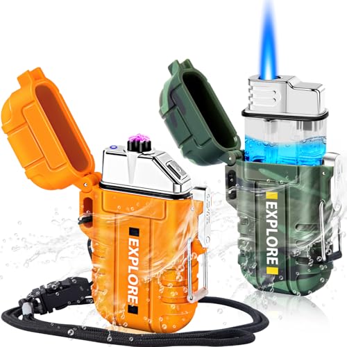 LcFun 2 Pack Waterproof Outdoor Lighter, Windproof Torch Lighters Butane Refillable, Electric Dual Arc Plasma Lighter USB Rechargeable, Tactical Survival Gear Gadgets for Men for Camping, Hiking