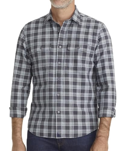 UNTUCKit Organic Cotton Plaid Flannel Shirt - Untucked Shirt for Men, Long Sleeve, Grey Plaid, Large, Regular Fit