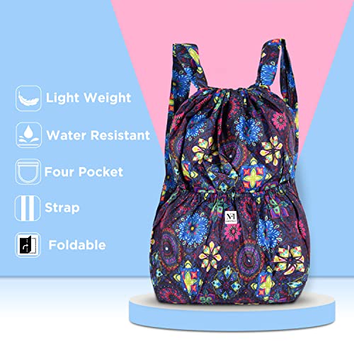 Image of NFI essentials Floral Print Drawstring Backpack for Women Foldable Sport String Bag Sackpack Nylon for Gym, College, Yoga, Shopping