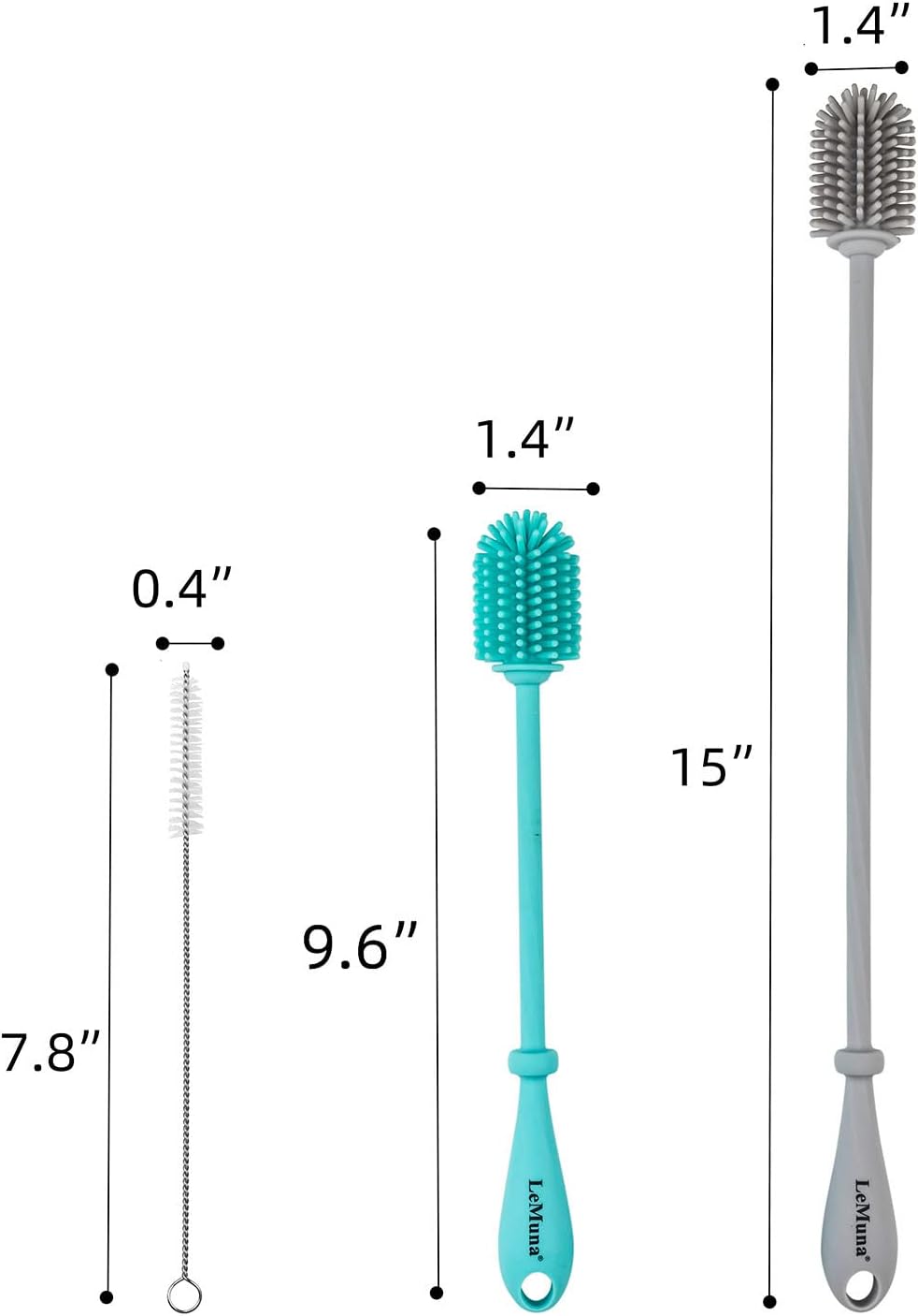 LeMuna Silicone Bottle Brush, Water Bottle Cleaner Brush Set with Straw Brush for Narrow Neck Containers, Hydro Flask, Sports Bottle, Glassware