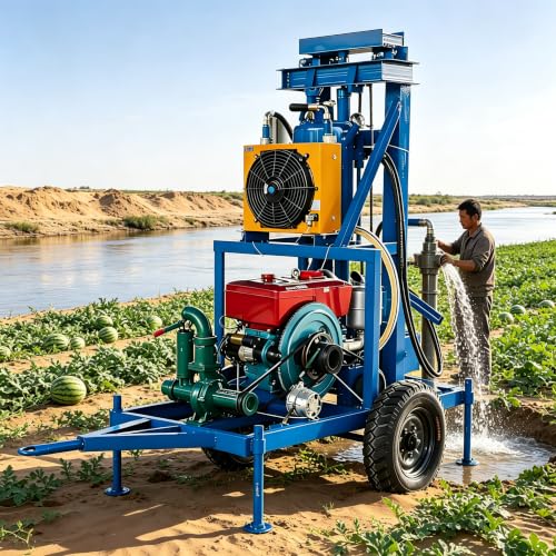 Heavy Duty Water Well Drilling Rig, Small Hydraulic Borehole Drilling Machine, Mobile Well Drilling Equipment, DIY Towable Portable Water Well Drill Machine for Farm Irrigation Livestock Backyard