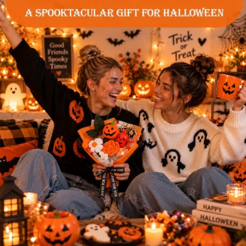 Image of Halloween Crochet Flower Bouquet with Pumpkin & Ghost, Handmade Orange Gift
