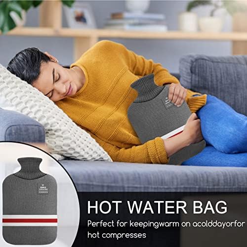 Hot Water Bottle with Cover, 2L Large Hot Water Bottle Bag with Hand Pocket Warmer Soft Fleece Cover for Hot and Cold Compress, Hand Feet Warmer, Neck and Shoulder Pain Relief, Gray