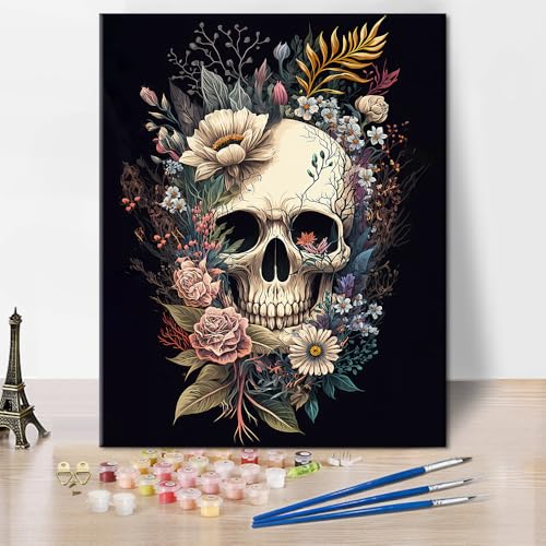 TISHIRON Paint by Numbers Skull with Flowers, Abstract Paint by Number for Adults, Adult Paint by Number Kits on Canvas Drawing Paintwork with Paintbrushes Art Crafts Kits, 16"x20"(Frameless)