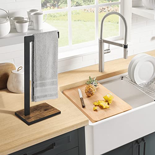 Eliteroo Hand Towel Holder For Bathroom, Hand Towel Stand With Wood Base, L-Shape Hand Towel Rack For Vanity Countertop, Kitchen Counter, Rustic Black And Brown #TOP4