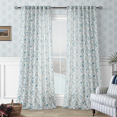 Image of Blue Floral 102 Inch Linen Curtains Back Tab Farmhouse Living Dining Room