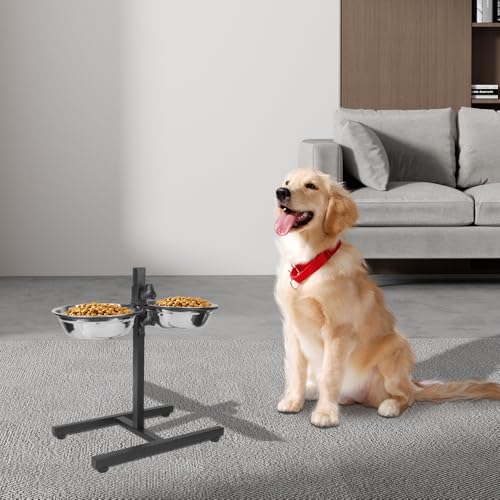 Gamelles pour chiens réglables en hauteur, support bois avec écuelles 1,8L