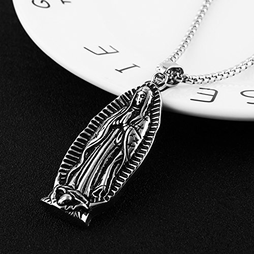 HZMAN Stainless Steel Blessed Mother Mary - Our Lady of Guadalupe Pendant Necklac with Steel Wheat Chain2