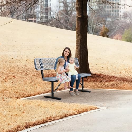Image of 6ft Gray Metal Park Bench with Backrest, Heavy Duty Outdoor Benches Weatherproof Steel Long Playground Bench Seats, Commercial Garden Benches Red Dock Benches for Lawn, Park, Deck,Patio, Porch