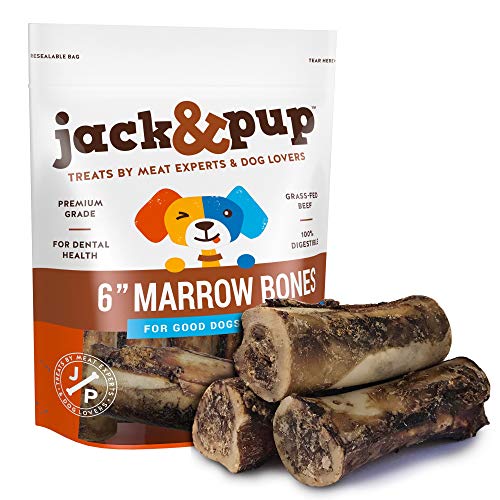 Jack&Pup Premium Grade Roasted Beef Marrow Bone Treats (3 Pack) – 6” Long All Natural Gourmet Dog Treat Chews – Savory Smoked Beef Flavor