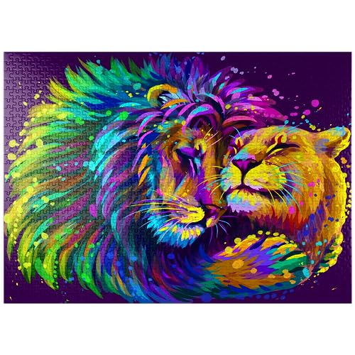なまけ者雑貨屋ポップアート風のアートネオンライオン抱っこライオン-大人の1000ピースパズルゲーム