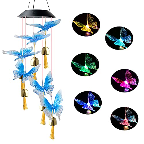 Black Cap Blue Butterfly Bell, Solar Wind Chime, Butterfly Decor, Butterfly Gifts, Gifts for mom, Gifts for Women, Garden Decor, Yard Decor, Wind Chime Outdoor, Color Change Wind Chime