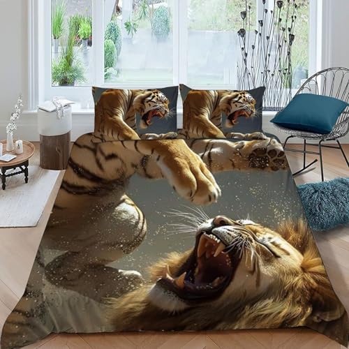 Housse de couette double lion animaux imprimé 3D avec taies d'oreiller microfibre