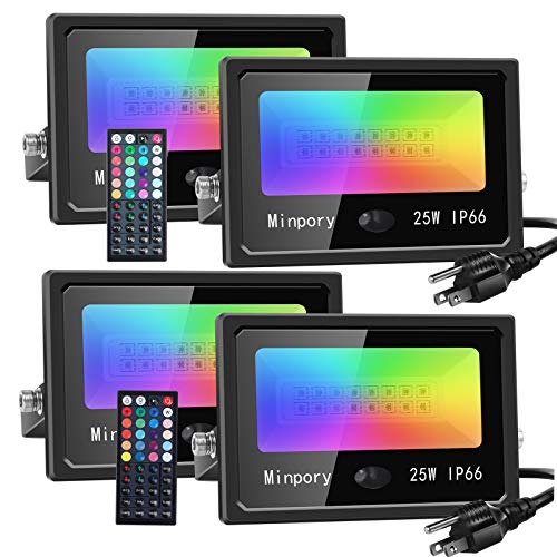 Minpory LED RGB Flood Lights Outdoor with Remote Control, Dimmable Color Changing (25W/900LM) Stage Light Wall Washer Indoor, IP66 Waterproof Landscape Decoration for Garden Party Halloween, 4 Pack