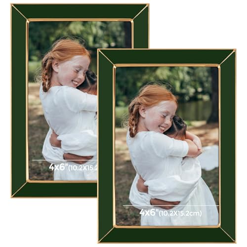 Frametory 2 Pack 4x6 Green Enamel Picture Frame, Gold Metal Edge