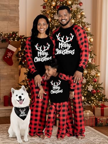 Image of IFFEI Matching Family Pajamas Sets Christmas PJ's with Letter and Plaid Printed Long Sleeve Tee and Bottom Loungewear