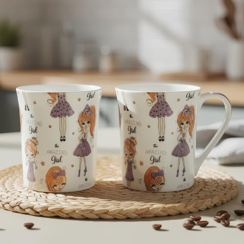 Image of U.P.C.Milk Mug Set of 2 | Ceramic & Bone China Coffee Milk Cups | Designer Printed Tea Coffee Mug Set | Large Capacity Milk Mugs | Microwave Safe Cup Set | Drinkware Gift Set (Girl Doll - Purple)