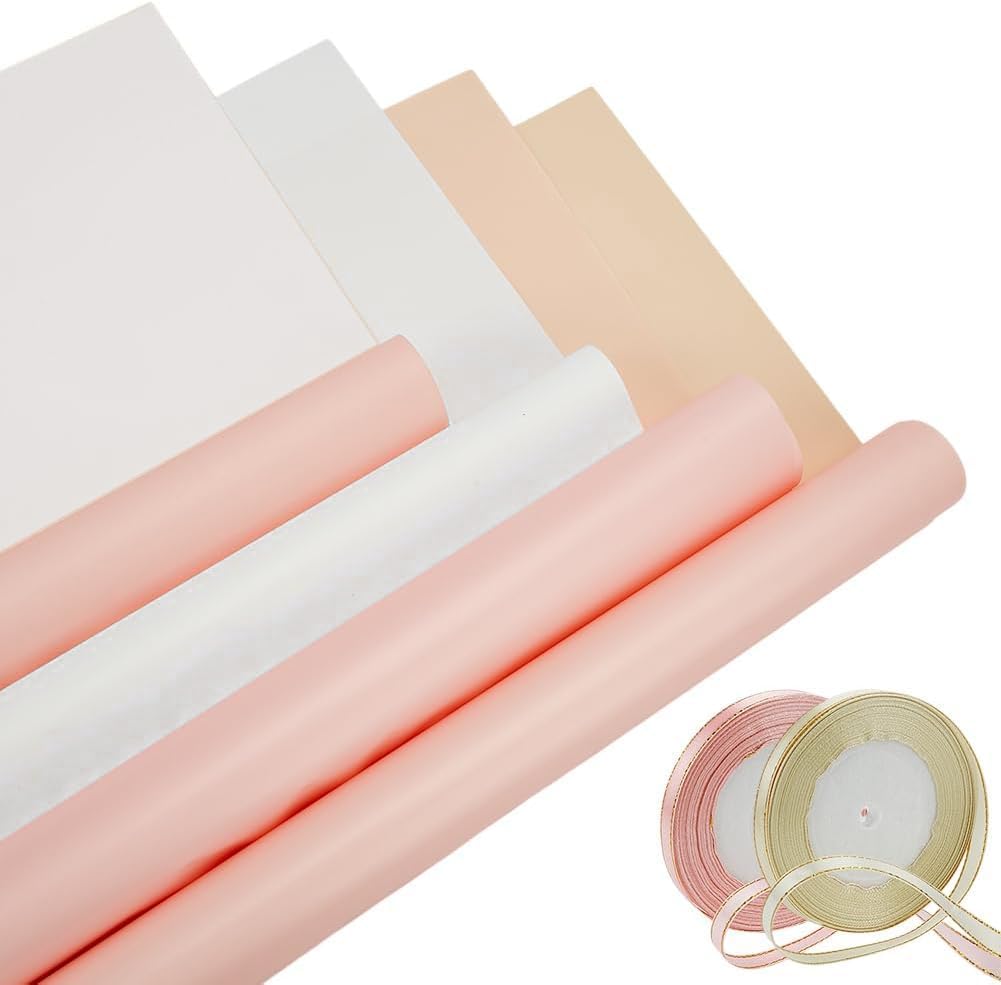 GOMAKERER 80 Pcs 4 Colors Flower Wrapping Paper, Waterproof Wedding Bouquet Decoration With 4 Rolls Gold Edged Satin Ribbon for Diy Crafts, Gift Packaging