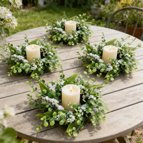 Image of 6 Pcs Green Boxwood Candle Rings Wreaths Mini Spring Summer Forsythia Wreath for Front Door Artificial Rings Wreaths with White Flowers for Pillar Porch Wall Window Farmhouse All Seasons Decor