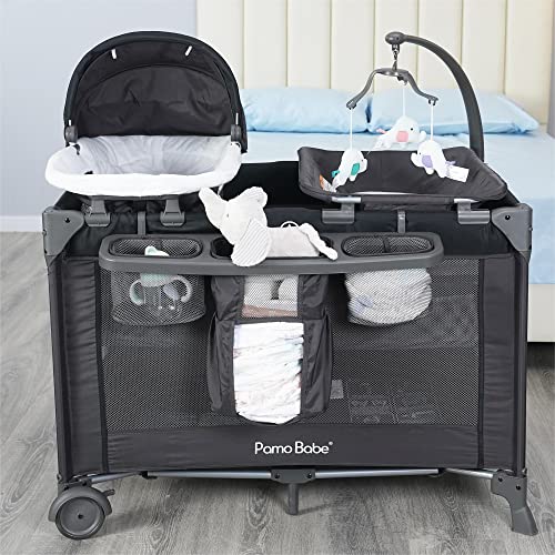 Pamo Babe 4 In 1 Portable Crib For Baby,Nursery Center With Removable Canopy, Changing Table, Lockable Wheels, Storage Bag #TOP1