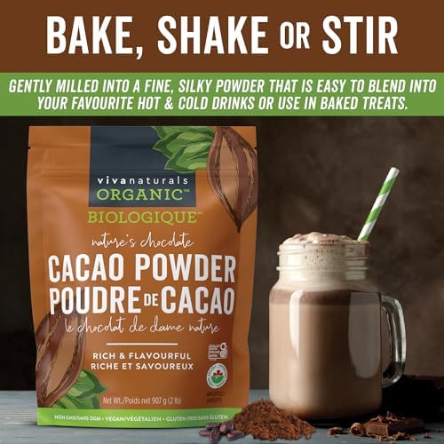 Viva Naturals Organic Cacao Powder, 2lb - Unsweetened Cocoa Powder With Rich Dark Chocolate Flavour, Perfect for Baking & Smoothies - Certified Vegan, Keto & Paleo, Gluten-Free & Non-GMO, 907 g — view 3