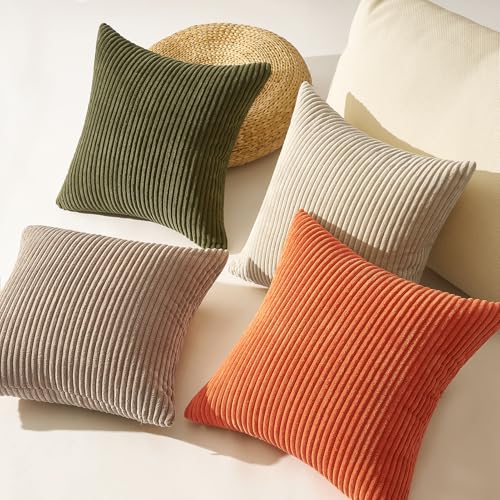 Image of Topfinel 20x20 Sofa Pillow Covers Rust and Olive Green Velvet Throw Pillow Covers Boho Farmhouse Cushion Cases Soft Corduroy Fall Home Decor for Couch Bed Sofa Living Room Pack of 4