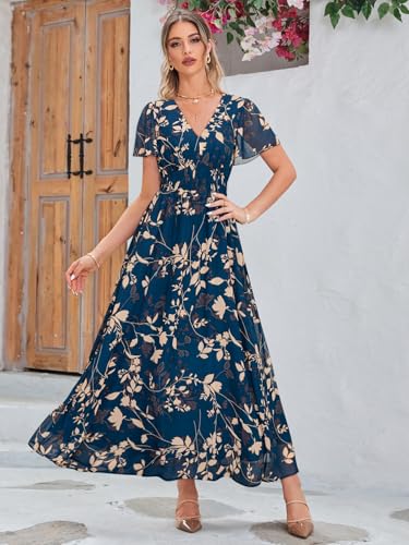 Image of Simplee Women's Boho Floral Maxi Dress Flowy Casual V Neck Short Sleeve Wedding Guest Holiday Beach Long Dress