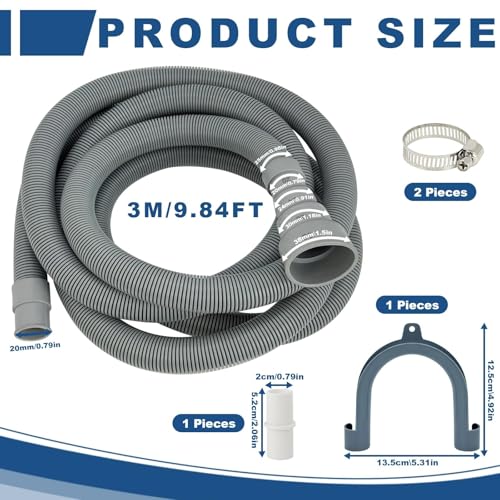 Yonality 3 meter Ablaufschlauch für Waschmaschinen Verlängerung, Passend für 5 Schnittstellengrößen, Universeller für, Geschirrspüler Trockner, inkl. U Halterung, Schlauchverbinder, Schlauchschelle