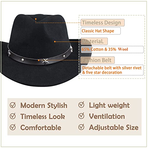 Classic Cowboy Hat for Women and Men Western Style Wide Brim Fedora Hat with Strap (Size:7 1/8-7 1/4)