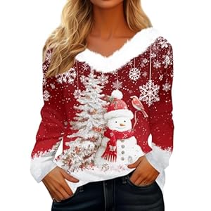 Générique Pull De Noel Femme Col V Polaire Tshirt Noel Hiver Polaire Moche Pulls Manches Longues Chaud Sweat Ugly Christmas Sweater