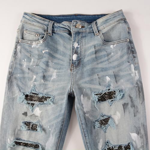 Mens Crystals Patched Jeans Skinny Splash Stretch Slim Distressed Ripped Graffiti Painted Rhinestone Stacked Pants3