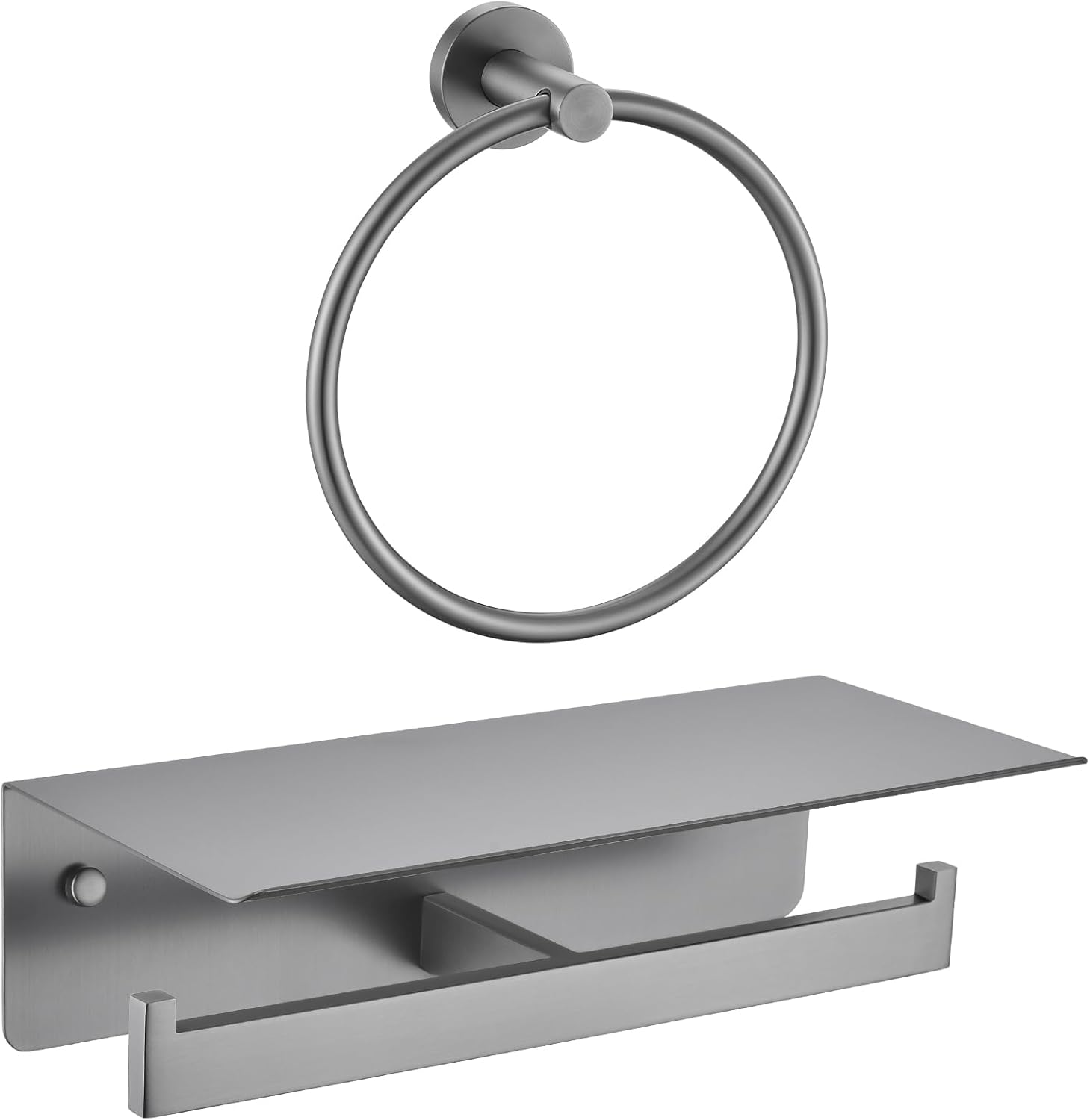 APLusee Gunmetal Gray 304 Stainless Steel Double Toilet Paper Holder with Shelf, Towel Ring Bundle, Wall Mounted