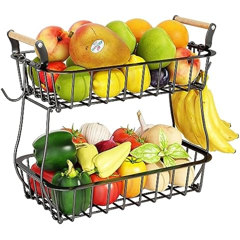 2 Tier Fruit Basket with Banana Hangers Cover