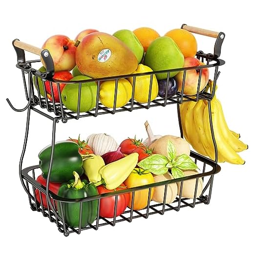 2 Tier Countertop Fruit Basket Bowl with 2 Banana Hangers, Kitchen Counter Metal Wire Storage Basket Fruits Stand Holder Organizer for Bread Snack Veggies Produce, Black