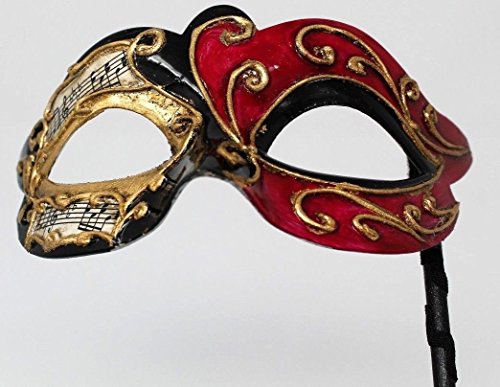 VENETIAN MASQUERADE CARNIVAL PARTY EYE BALL MASK BLACK RED & GOLD WITH MUSICAL NOTES SCRIPT ON A STICK-HAND HELD - Image 2