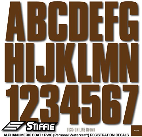 Image of Stiffie UNILINE 3 inch Alpha-Numeric Registration Identification Numbers Stickers Decals for Boats & Personal Watercraft (Brown)
