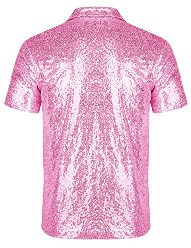 Astoseu Mens 70S Disco Shiny Sequins Short Sleeve Turndown Sparkle Nightclub Party Polo T-Shirt Tops Pink Xl #TOP2
