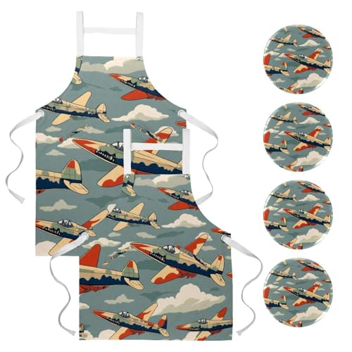 Lot de 2 tabliers de cuisine vintage à motif combattants multicolore
