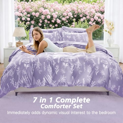 Image of MUXHOMO Oversized Queen Comforter Set, Lavender Elegant Floral Print Bed in a Bag 7 Pieces, Soft & Breathable Reversible Botanical Pattern Bedding Set with Comforter, Sheets, Pillowcases, and Shams