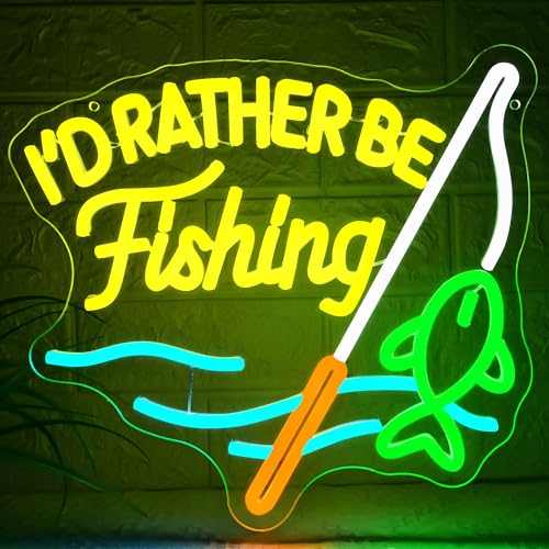 I'd Rather Be Fishing Neon Sign for Wall Decor Dimmable Fishing Neon Light for Man Cave Birthday Gifts for Fishermen LED USB Powered Fish Sign for Fis