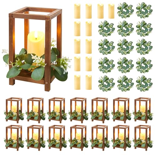 42 Pcs/14 Set Wooden Wedding Lantern Centerpiece Wooden Centerpieces for Tables-with 14 Holders 14 Candles 14 Wreaths for Rustic Table Decoration Country Barn Wedding Party (Brown)